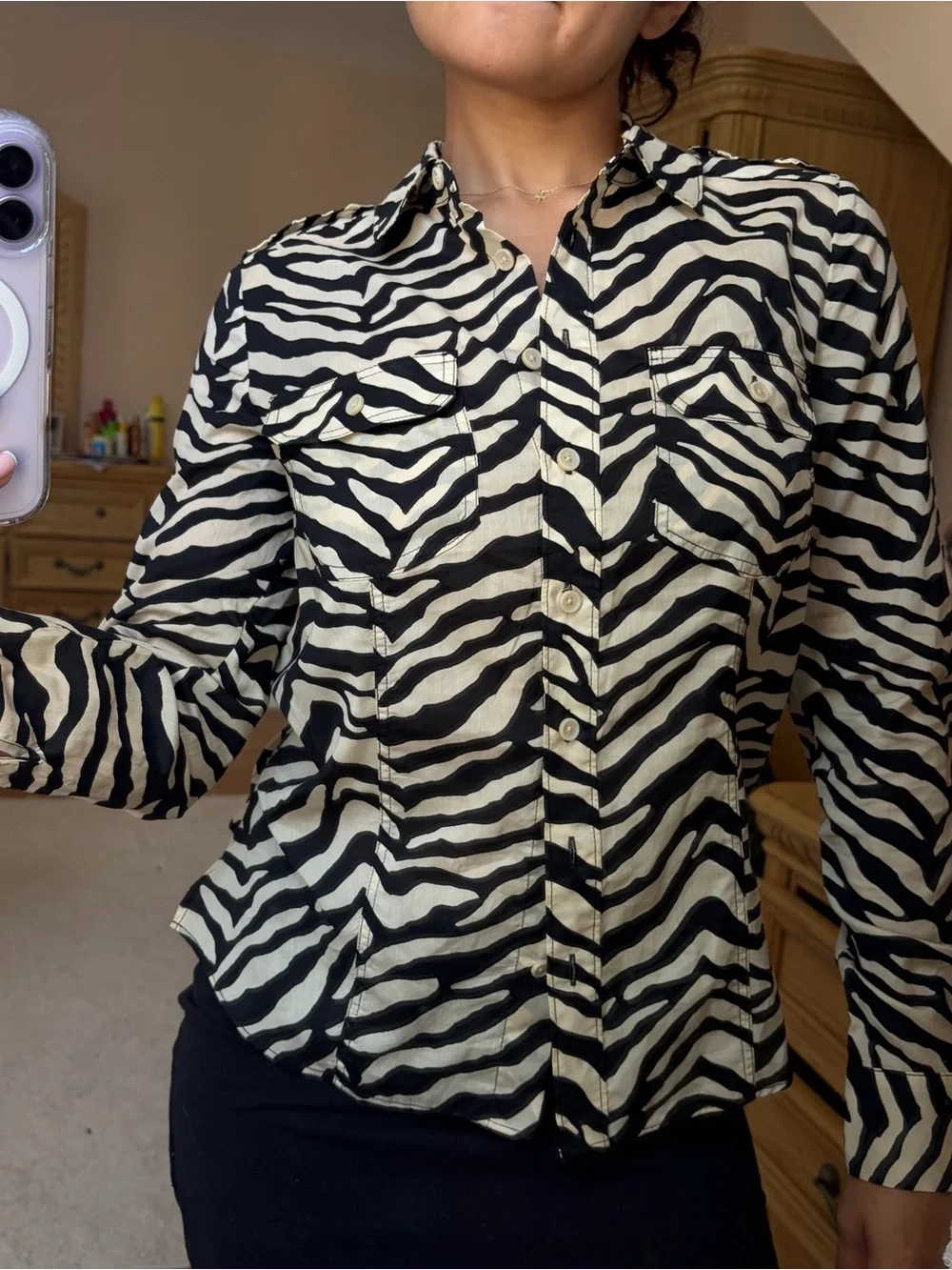 Banana Republic Zebra Print Button-Up Shirt - Black & Cream Women’s Top